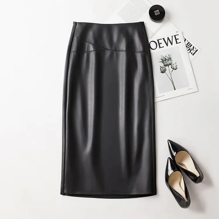 海宁真皮皮裙女秋冬高腰气质时尚显瘦百搭包臀长裙开叉