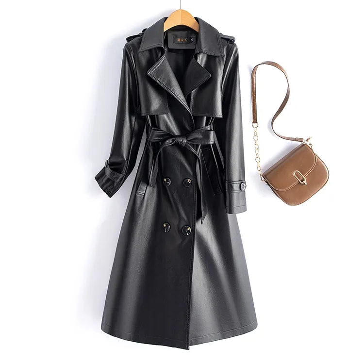 海宁皮衣女2025春秋新款中长款收腰气质显瘦时尚风衣外套LFR-2315