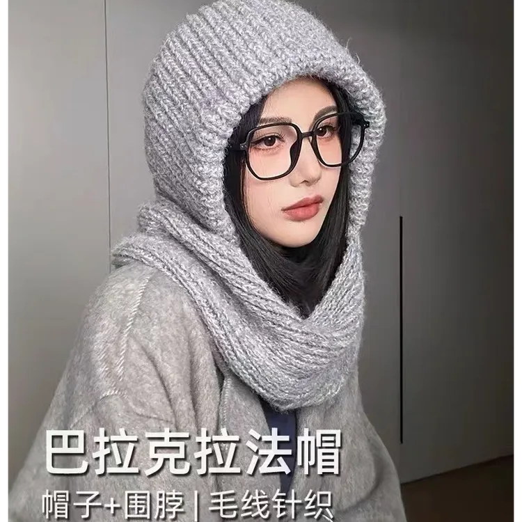 新款秋冬针织毛线帽子围巾一体女冬季保暖护耳防寒骑车雷锋帽