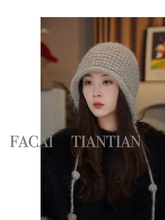 高定手工绵羊毛流苏帽冬季保暖护耳帽大头围显脸小包头帽帽子上班