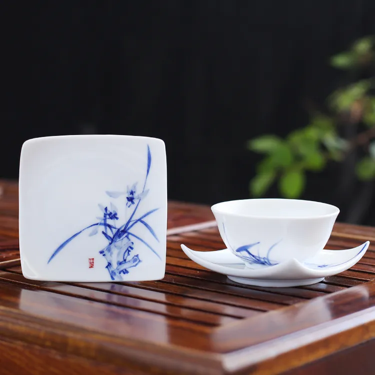 陶瓷茶杯垫茶托 景德镇手绘青花瓷功夫茶具茶道零配件隔热杯托