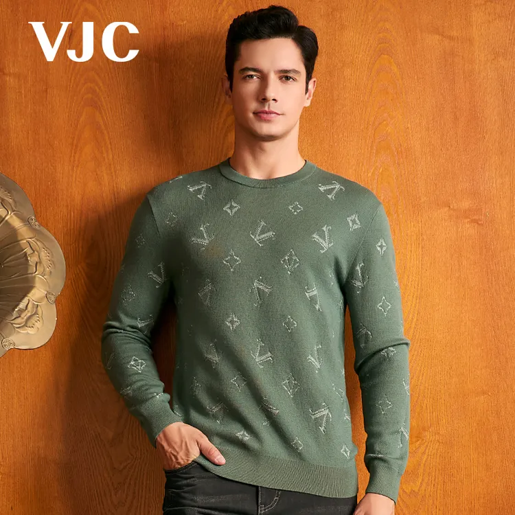 VJC/威杰思秋冬新款男士上衣提花满印绵羊毛针织衫B23DC2202
