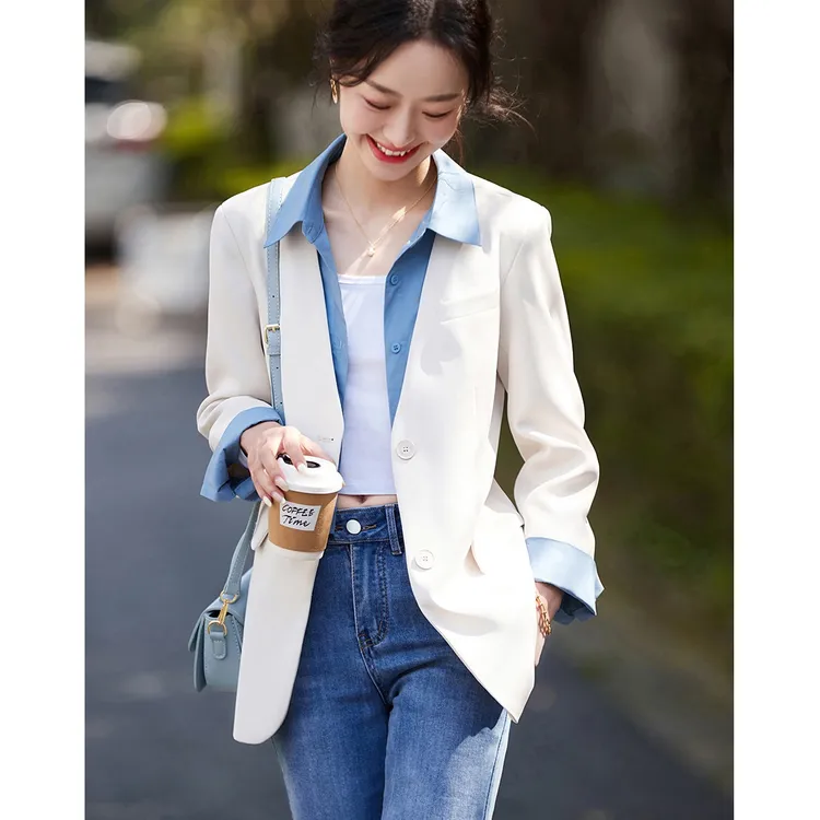 沫晗依美新款简约撞色质感百搭女西装1707小个子设计感小众职业