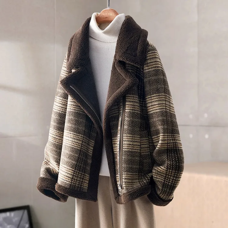 IHIMI/海谧【小泰迪】2025冬新款百搭气质格子大衣宽松加厚短款外套