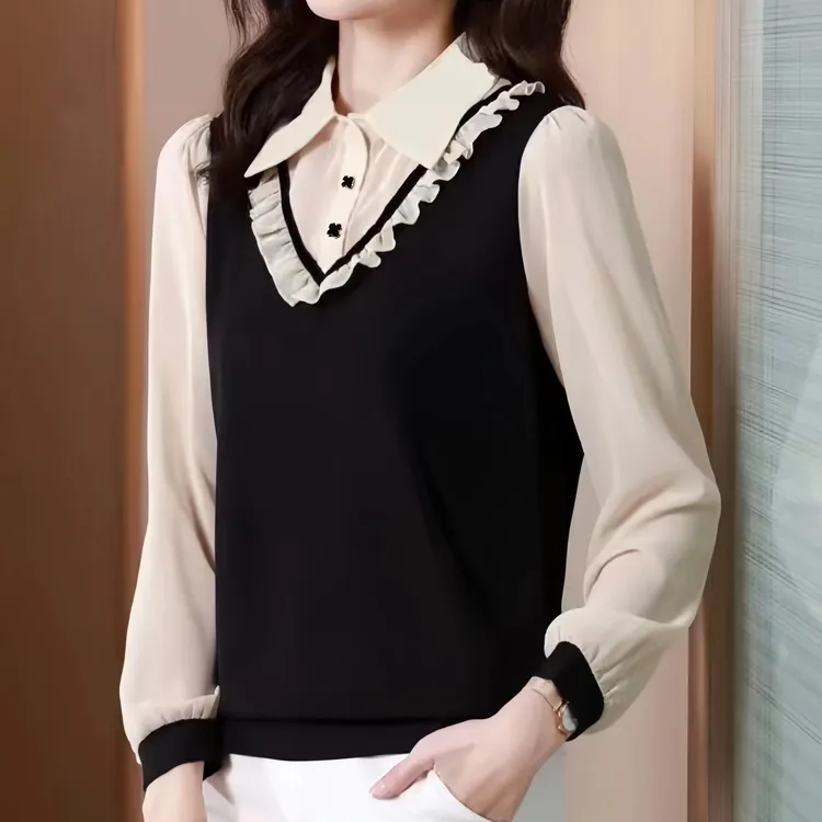 春装女款2025女式假两件衬衫显瘦百搭时尚洋气减龄气质打底衬衣女