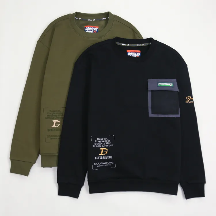 【道格拉斯】军绿黑色螺纹布复合奥粒绒加厚套头圆领长袖卫衣DD315