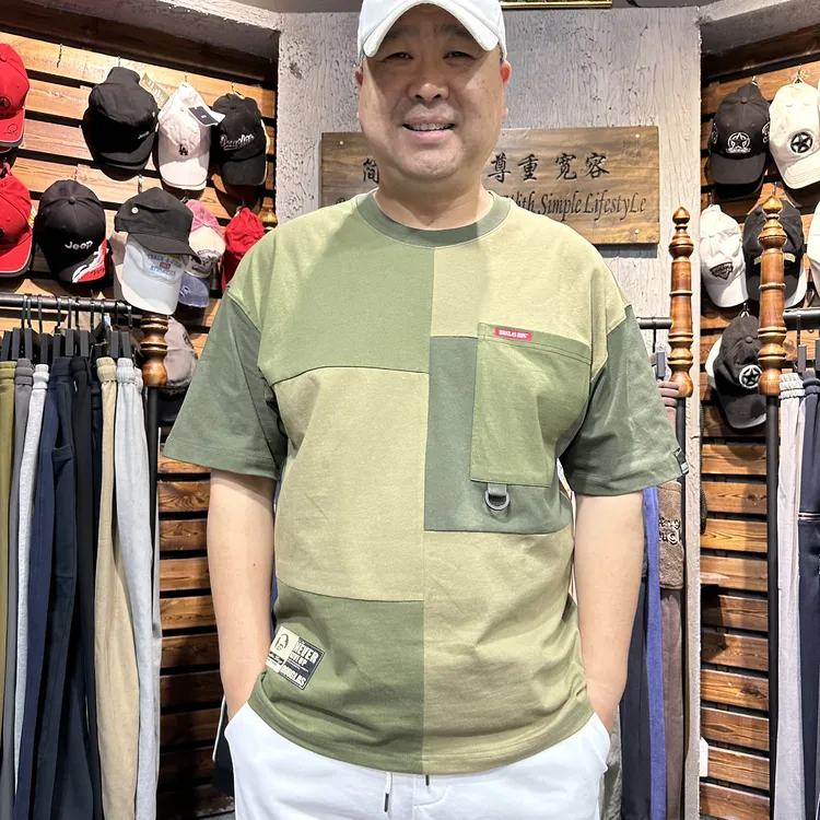【道格拉斯】绿色错位拼接纯棉T恤春夏新款宽松圆领男士短袖DD805
