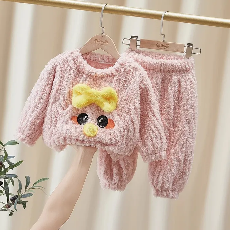 女童珊瑚绒睡衣秋冬款2025新款小童卡通套头加厚女宝宝冬季家居服