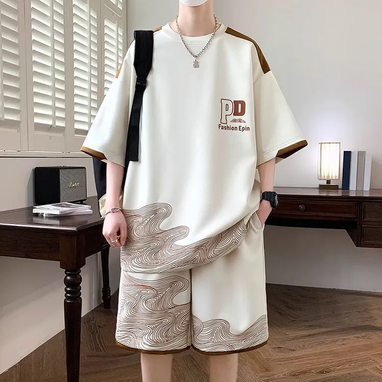 新中式潮流男宽松薄款短袖短裤两件套国风夏季大码t恤休闲运动服