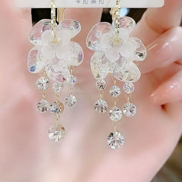 合金耳饰 花朵耳环韩国气质长款镶钻流苏耳坠设计感网红韩版