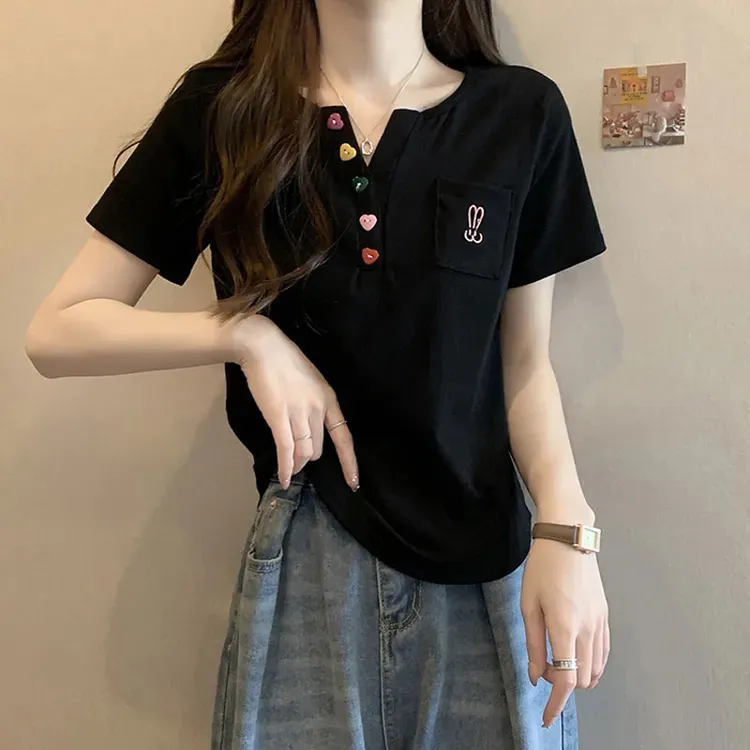 设计感v领正肩短袖t恤女夏装2025新款宽松韩版大码显瘦遮肚子上衣