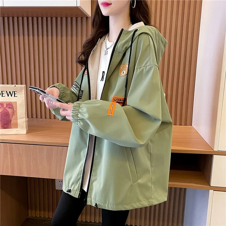 大码女装连帽开衫风衣外套女2025新款春秋季宽松夹克棒球服上衣潮