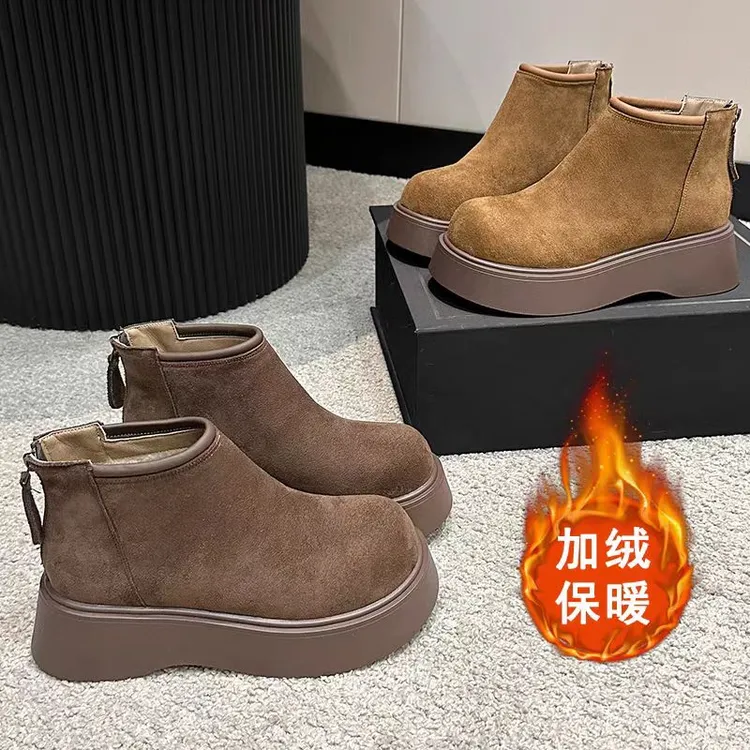 复古时尚大头厚底马丁靴女2025新款冬季加绒英伦风勃肯鞋厚绒短靴