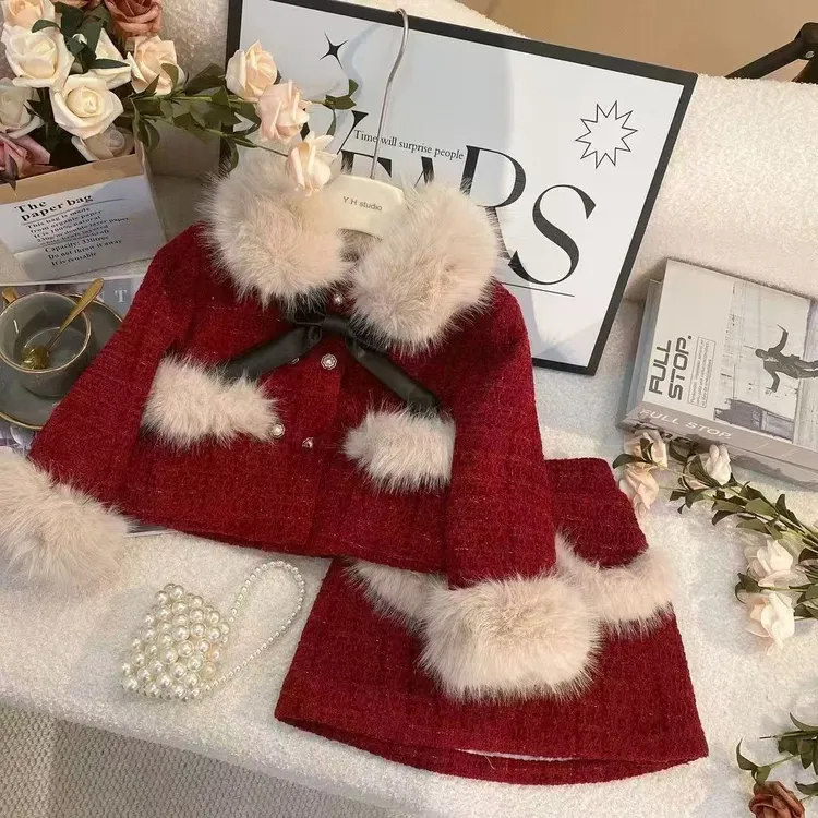 6Y155女童冬季小香风洋气儿童夹棉加厚可爱年服半身裙两件套