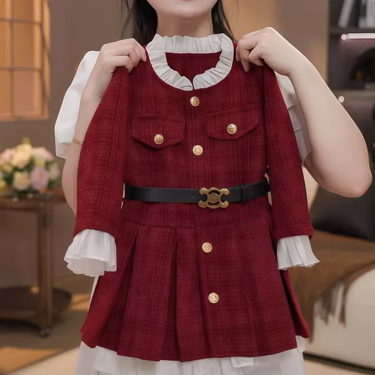 77353女童秋冬新款外套宝宝加绒保暖洋气气质女孩小香风花边裙