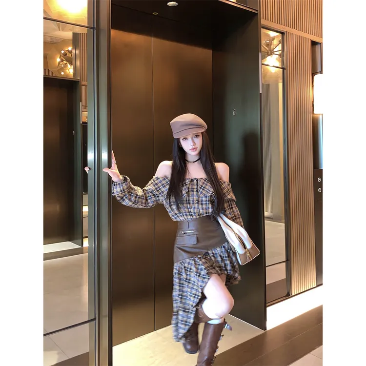 韩版小众别致复古格纹吊带一字肩衬衫+不规则拼皮半身裙时尚套装