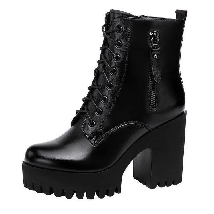 2024年新款马丁靴女高跟粗跟厚底百搭棉鞋软皮短筒靴英伦瘦瘦靴