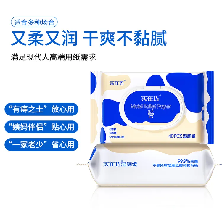 实在巧湿厕纸40抽加大加厚大尺寸可降解扔马桶擦屁屁亲肤杀菌柔软