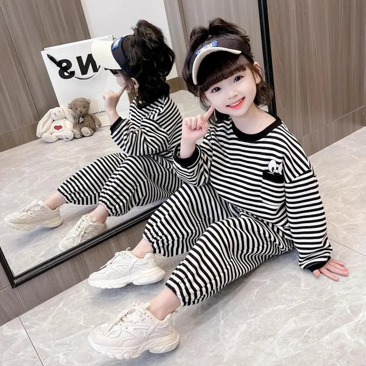 女童套装春秋2024新款儿童韩版洋气条纹春装潮童宝宝休闲装两件套
