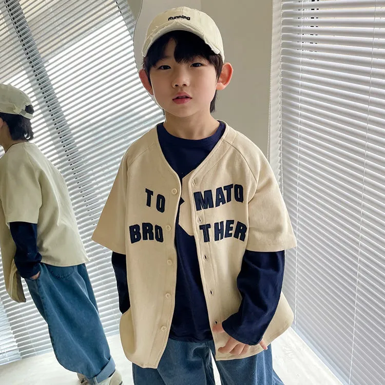 童装日系马甲棒球服男童休闲短袖T恤2024春秋新款儿童韩版上衣潮