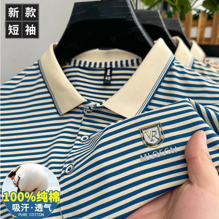夏季100%纯棉透气条纹百搭烫钻短袖t恤男新款薄款POLO衫休闲上衣