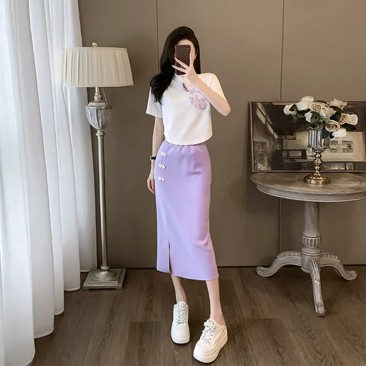 新中式国风套装女夏季新款减龄洋气时尚盘扣短袖t恤半身裙两件套