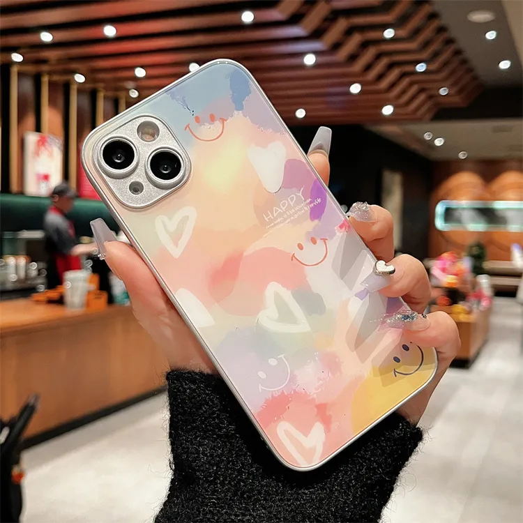 适用iPhone15promax苹果14高级手机壳保护套13爱心笑脸12玻璃壳11