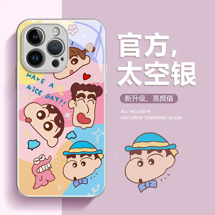 适用iPhone15promax苹果14高级手机壳保护套13蜡笔小新12玻璃壳11