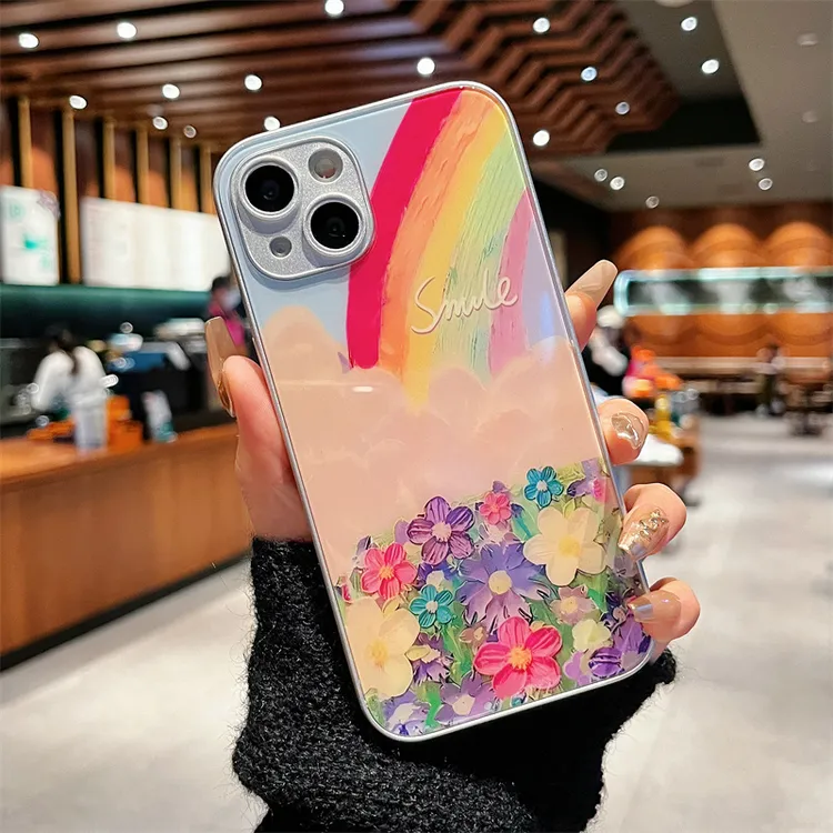 适用iPhone15promax苹果14高级手机壳保护套13彩虹油画花12玻璃壳
