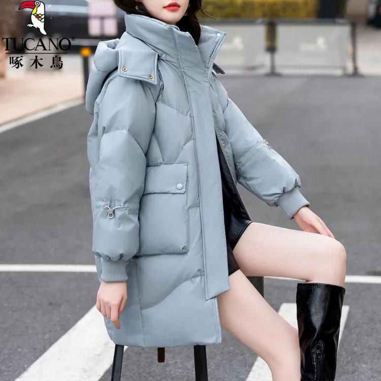 啄木鸟韩版时尚中款羽绒服2023年冬季新款女士御寒保暖白鸭绒外套