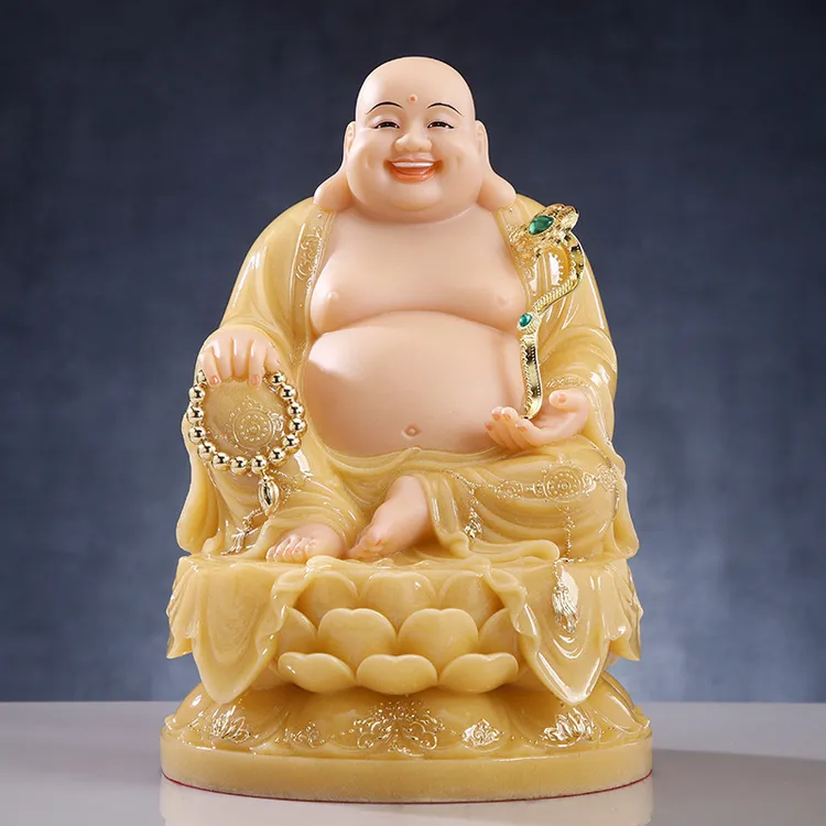 圆通仿汉白玉大肚弥勒黄玉描金财神家用中式弥勒佛佛像弥勒佛摆件