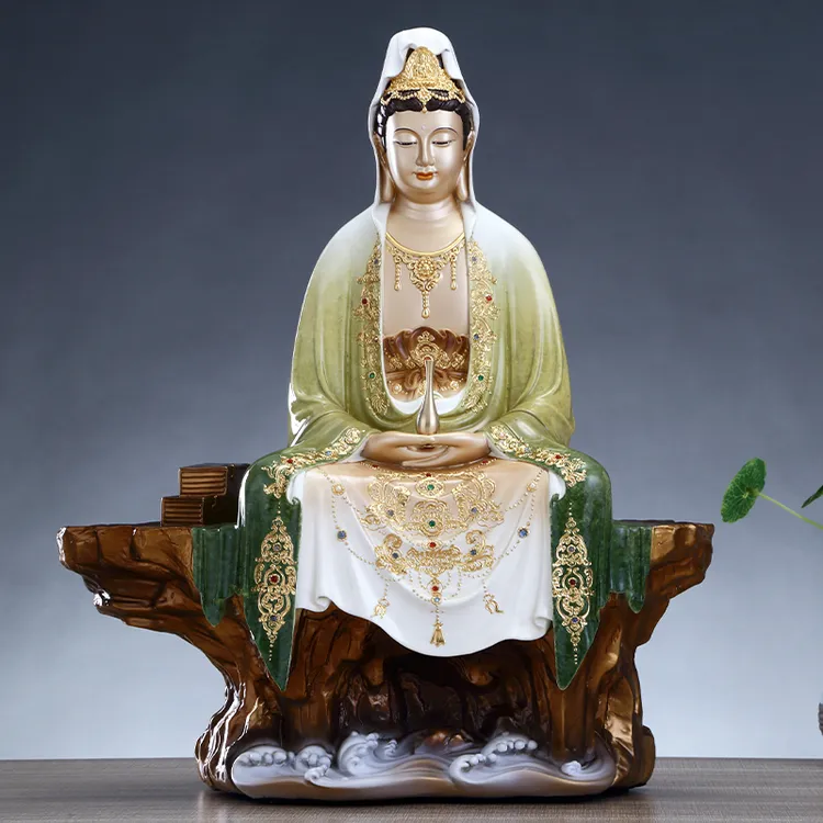 圆通黄铜掐丝叠染镶宝禅定观世音自在观世音家居高档中式摆件佛像