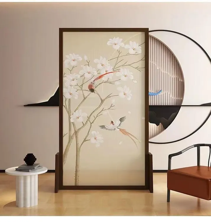 新中式水墨山水图实木玄关客厅遮挡茶室禅意落地简约隔断屏风座屏