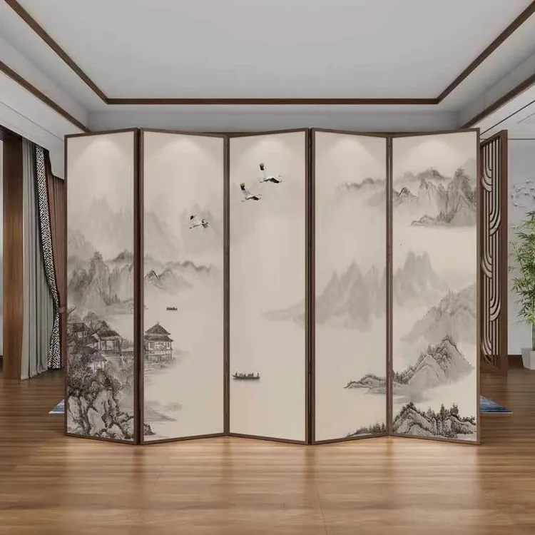 新中式环保隔断酒店玄关装饰茶室客厅简易可折叠移动山水双面折屏