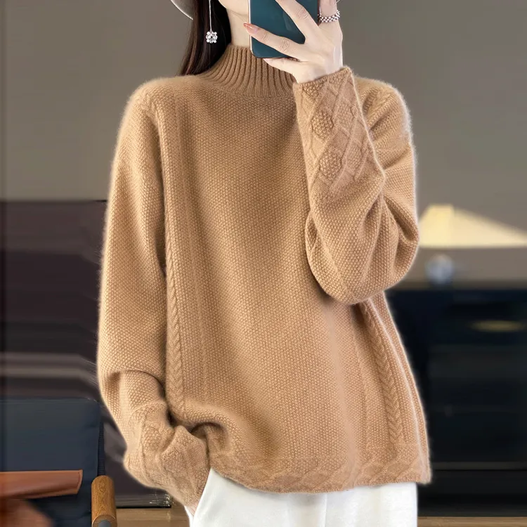 鄂尔多斯市100%纯羊毛衫女半高领宽松毛衣大码显瘦纯色羊绒打底衫