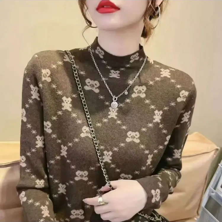 双面德绒印花半高领小衫离子发热德绒保暖长袖打底秋冬新款33221