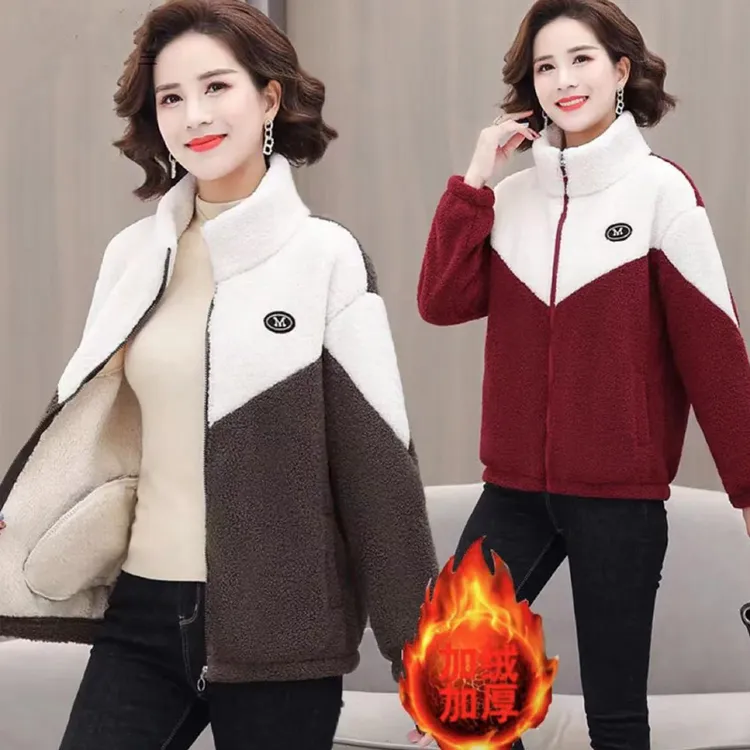 秋冬新款颗粒绒加厚短款外套加绒羊羔绒拼接韩版宽松保暖上衣