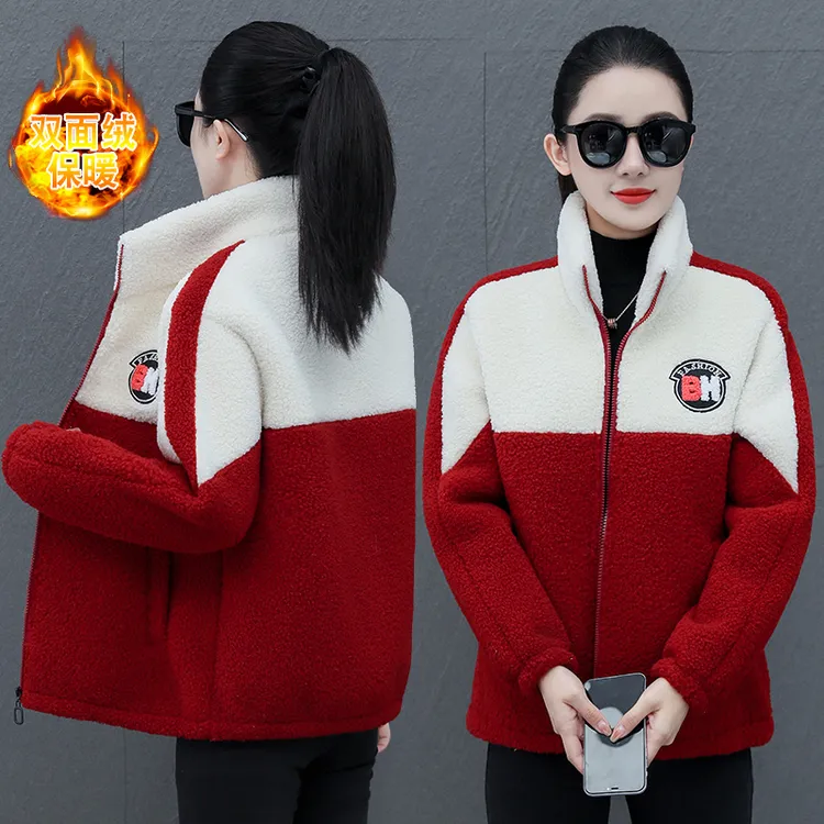 秋冬新款加绒加厚颗粒绒外套女款拼接减龄立领一体绒保暖棉衣上衣