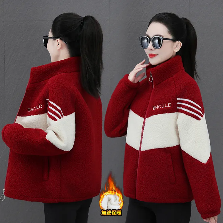 冬季新款加绒加厚立领颗粒绒外套拼接休闲减龄短款一体绒保暖上衣