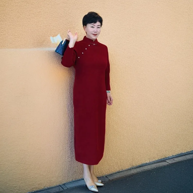 【红菱】安哥拉红春季加厚大码旗袍喜婆婆喜妈妈婚庆气质显瘦时尚