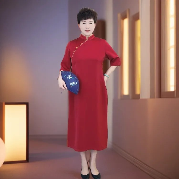 【喜迎门】夏季大码醋酸缎酒红色长裙喜庆优雅婚礼旗袍喜婆婆喜妈妈
