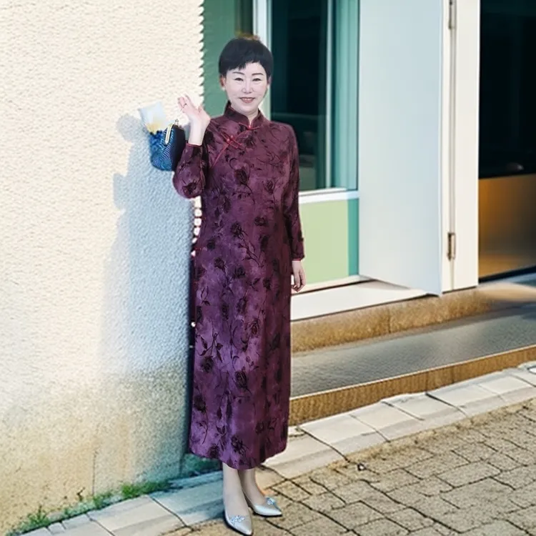 【玫瑰】枚紫色加绒加厚春季大码旗袍烧花绒显瘦气质长袖网红时尚