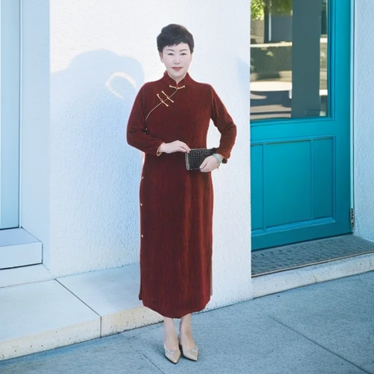 【红红火火】春季新款大码加厚旗袍红色婚庆喜妈妈喜婆婆长袖长款