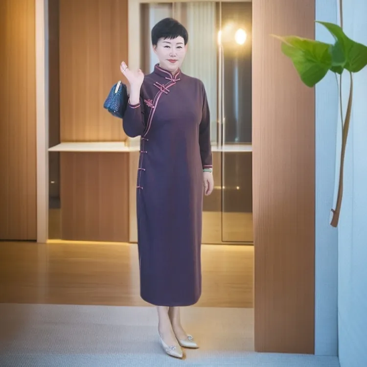 【紫蝶儿】加厚春季旗袍紫色显瘦气质长袖网红时尚复古中式长款