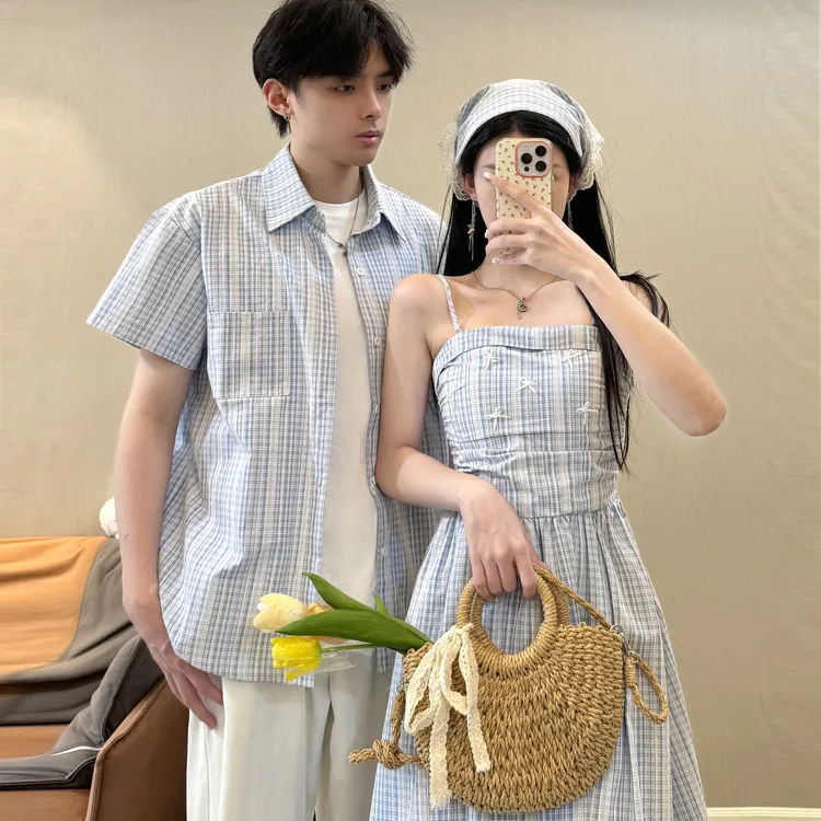qlz情侣装夏季条纹女吊带海边度假风连衣裙男款衬衫沙滩装