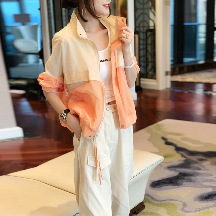 大码休闲时尚运动户外薄款拼色短外套2024新款洋气百搭透气防晒衣