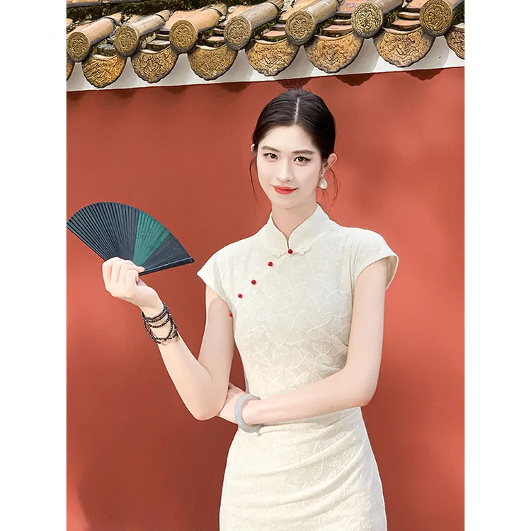 凌茜 新中式 国风 【温言】夏季收腰褶皱针织斜襟开叉显瘦旗袍裙子