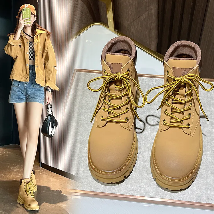 真皮情侣复古机车靴女款大黄靴工装厚底夏季马丁靴女百搭短筒靴