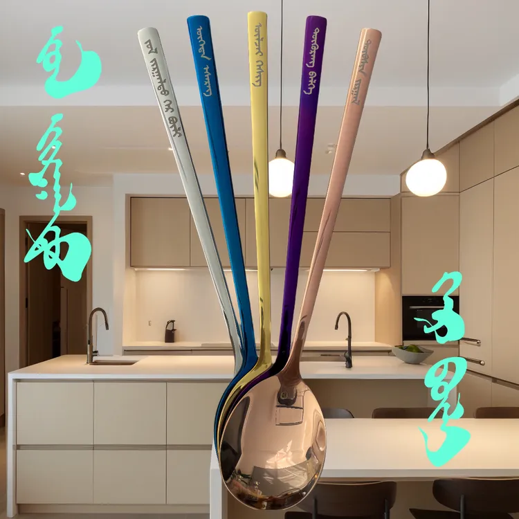蒙古文幸福家庭304加厚不锈钢创意吃饭勺家庭装
