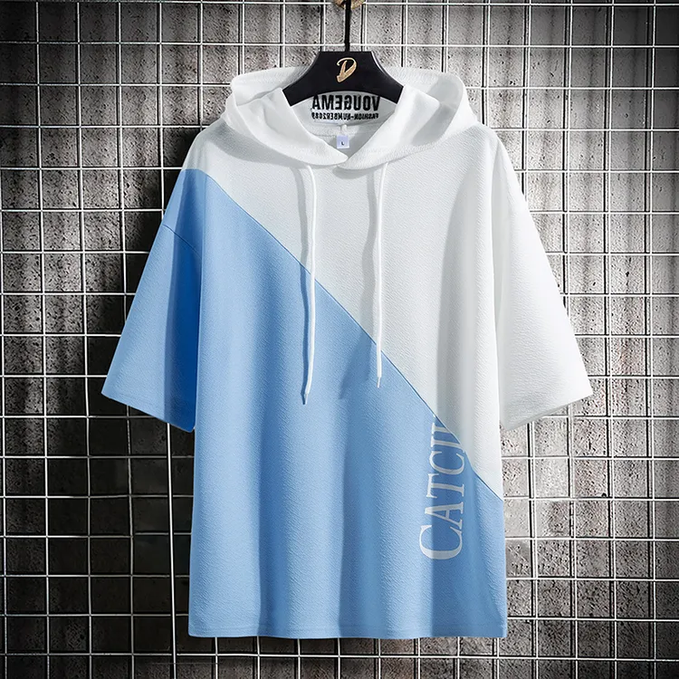 夏季男士休闲港风潮流文艺五分袖宽松连帽短袖t恤 B615ZT8156